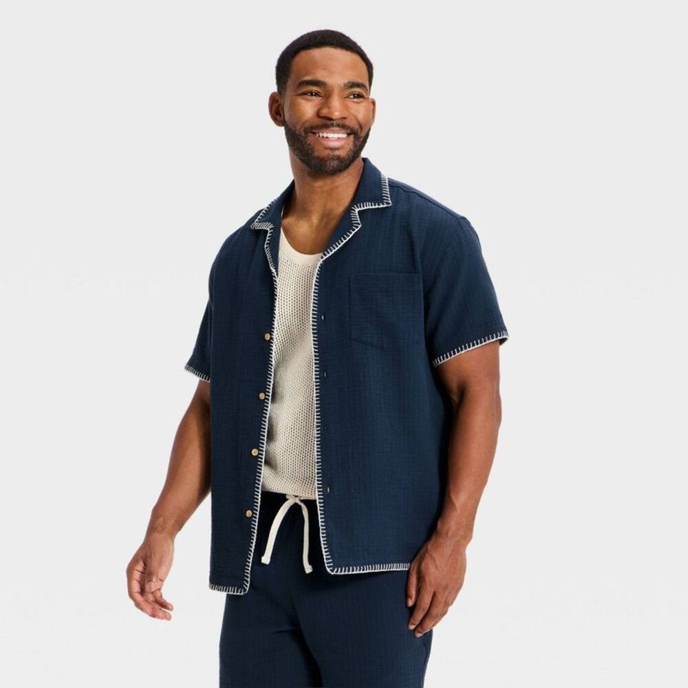 Goodfellow & Co - Men's Short Sleeve Blanket Stitch Button-Down Shir Blue